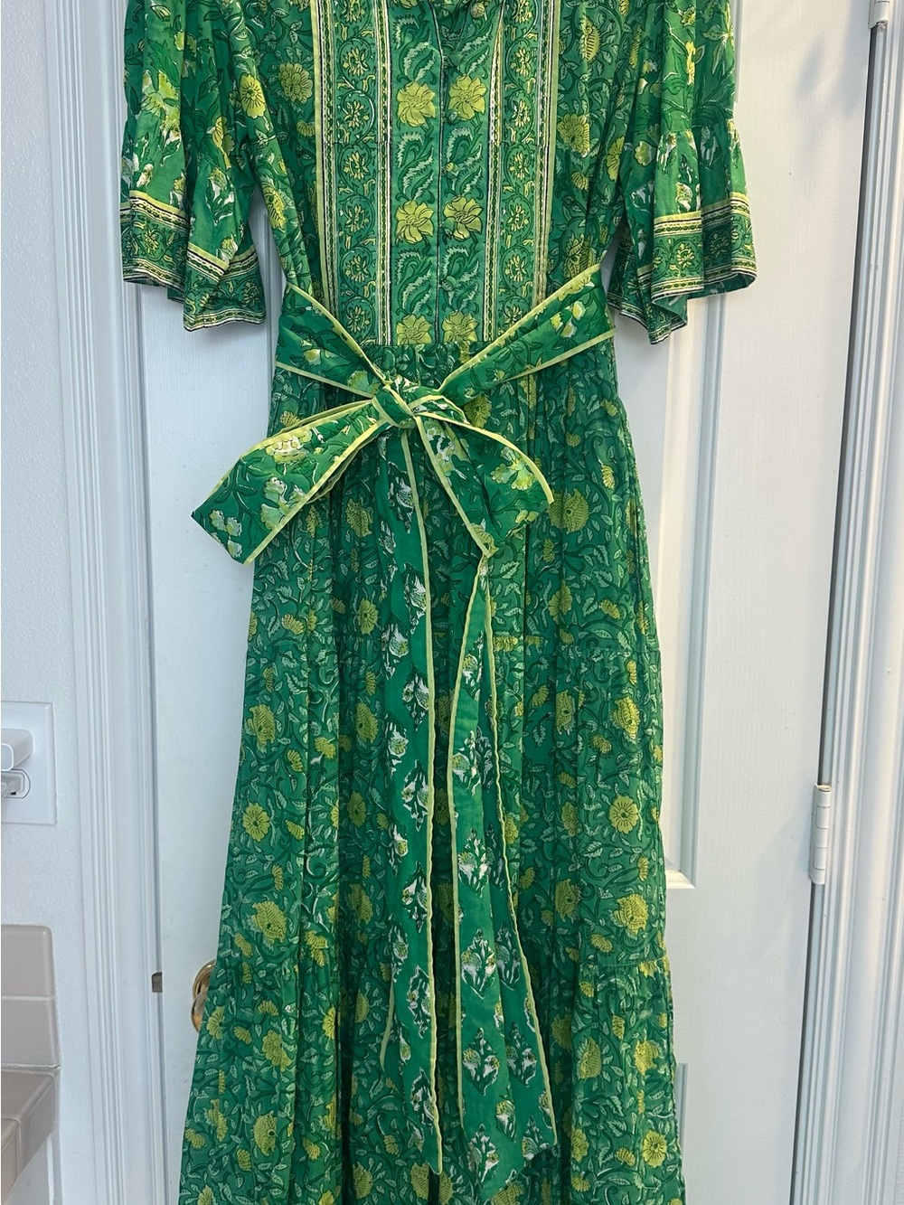 Sue Sartre Hamilton Kaftan Dress In Kelly Green and Pear Floral